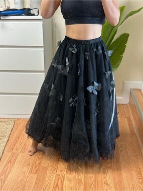 Cynthia Rowley Black Tulle Maxi Skirt with Butterfly Appliqués